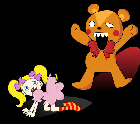 Little girl scared of giant teddy bear.のイラスト素材