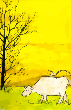 High detailed hand drawn based illustration of a cow in a field. のイラスト素材