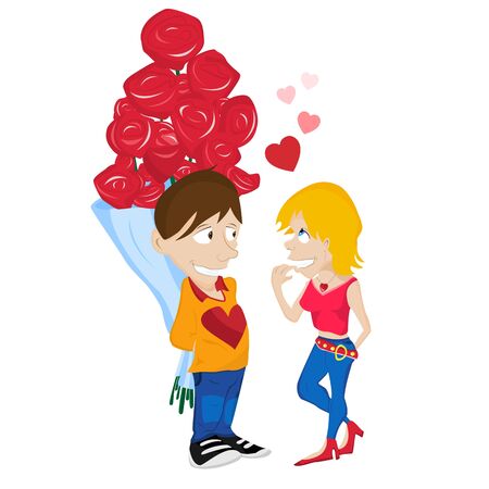 Young Couple in Love. Boy hiding flowers from girlfriend. Editable  Illustrationのイラスト素材