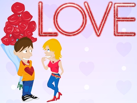 Vector - Young Couple in Love with Flowers. Happy Valentine's Day Card.のイラスト素材