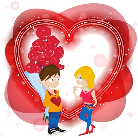 Vector - Young Couple in Love with Flowers. Happy Valentine's Day Card.のイラスト素材