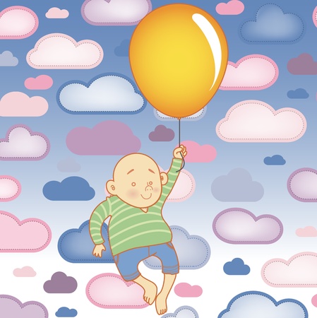  Young Child boy with balloon with Clouds Backgroundのイラスト素材