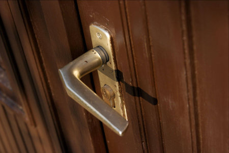 Handle of a dark, wooden door