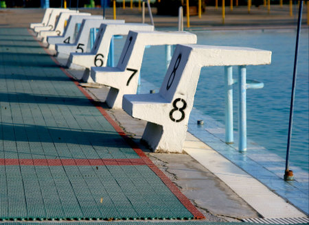 Outdoor swimming pool with eight starting blocksの写真素材