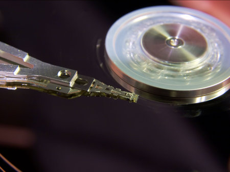 closeup of the internals of a harddrive