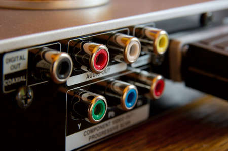 RCA connections on the back of a DVD playerの写真素材