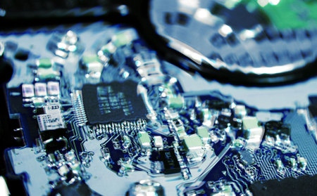 Closeup of the interiors of a computer with blue light effects
