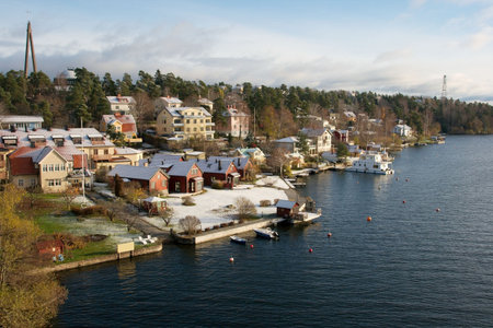 Houses on the shore in the suburb of Stockholm in winter