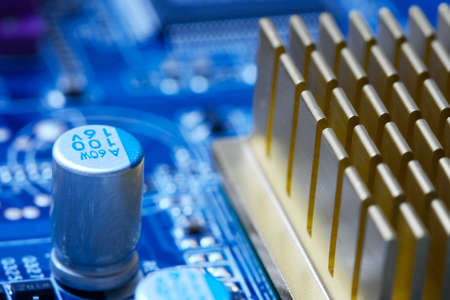 Computer mainboard closeup with electrical componentsの写真素材
