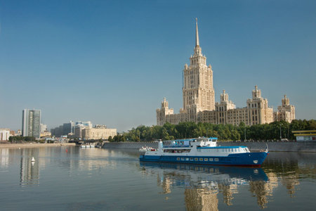Moscow scenery with river ship and buildingの写真素材