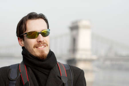 Man portrait with the Chainbridge in the background in Budapestの写真素材