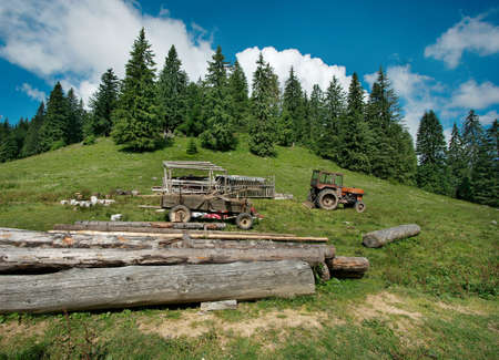Green meadow and forest with tractor and logs in Transylvaniaの写真素材