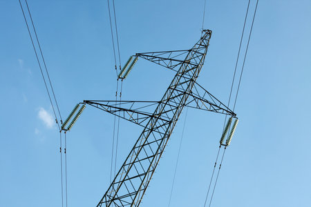 High voltage electricity pillar against clear blue sky