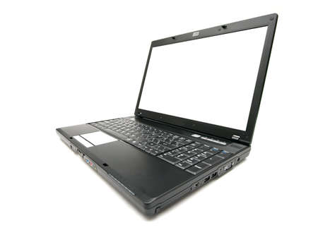 Black laptop with blank screen on white backgroundの写真素材
