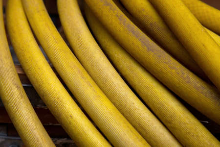 Closeup of a yellow, rolled up hosepipeの写真素材