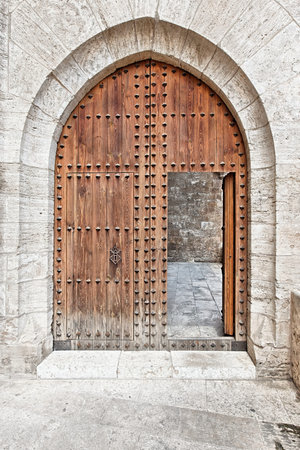 Wooden gate of a medieval castleの写真素材