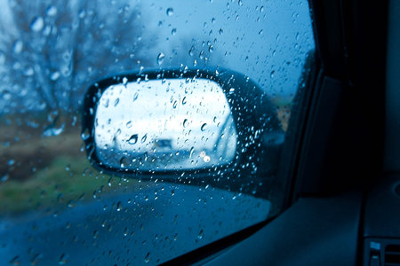 Driving in the rain, sideview mirrorの写真素材