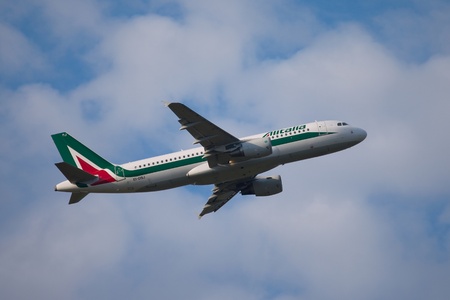 BUDAPEST, HUNGARY - JULY 3: Airliner of Alitalia is departing from Budapest (LHBP), July 3th 2011. Alitalia is the national airline of Italy flying a fleet of 155 aircrafts (as of December 2011)のeditorial素材