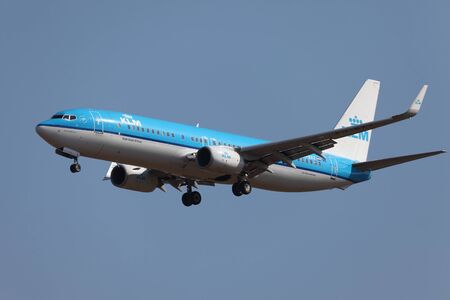 BUDAPEST, HUNGARY - OCTOBER 02: KLM airliner on final approach at Budapest (LHBP), October 2th 2011. KLM Royal Dutch Airlines is the flag carrier airline of the Netherlandsのeditorial素材