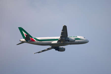 BUDAPEST, HUNGARY - JULY 3: Airliner of Alitalia is departing from Budapest (LHBP), July 3th 2011. Alitalia is the national airline of Italy flying a fleet of 155 aircrafts (as of December 2011)のeditorial素材
