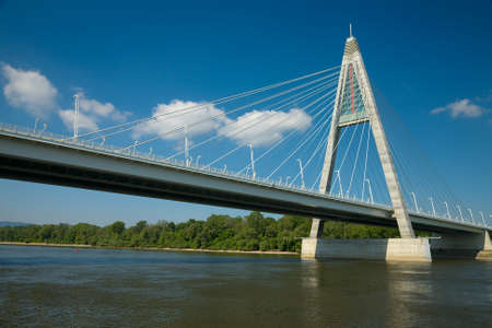 Cable-stayed bridge over a riverの写真素材