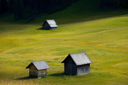 Alpine meadow with wooden barnsのeditorial素材