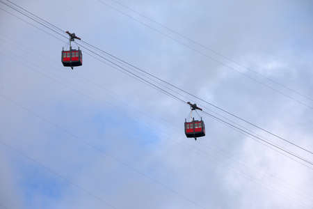 Cable cabin lift in the mountainsの写真素材