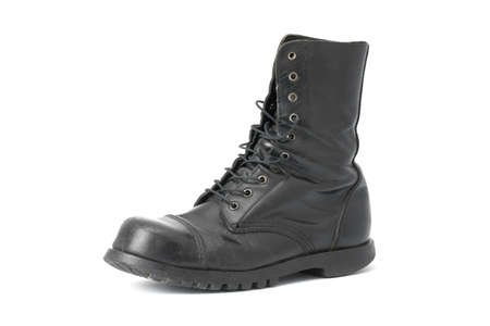 Black leather boots isolated on whiteの写真素材