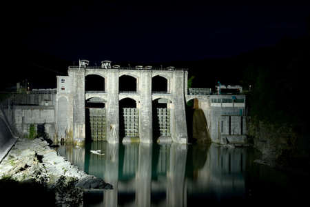 Hydroelectric power plant at nightの写真素材