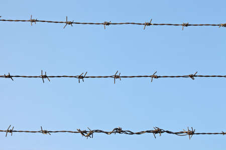 Barbed wire fence against blue skyの写真素材