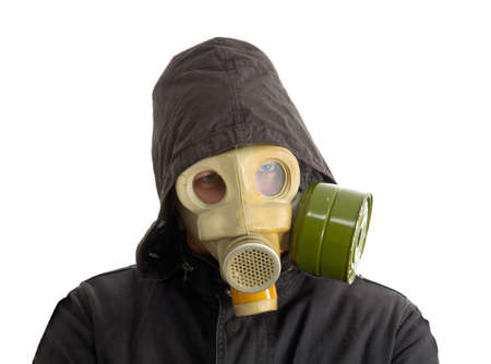 Man wearing gas mask isolated on whiteの写真素材