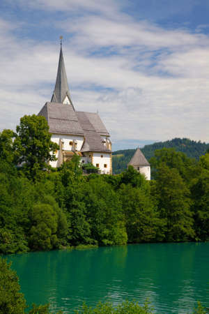 Lakeside landscape in Mariaworth, Austriaの写真素材