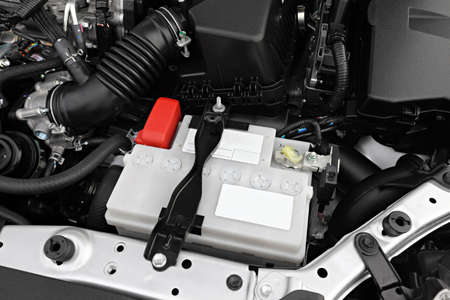 Engine bay and batteries of a new carの写真素材
