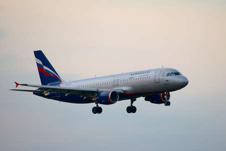 BUDAPEST, HUNGARY - MAY 5: Aeroflot A320 approaching Budapest Liszt Ferenc Airport, May 5th 2012. Aeroflot is Russia's flag carrier and largest airline.のeditorial素材