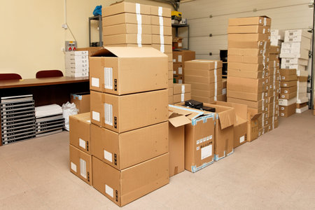 Small warehouse with cardboard boxes