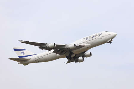 BUDAPEST, HUNGARY - APRIL 30: El Al Israel Arirlines Boeing 747 taking off from Budapest Liszt Ferenc Airport, April 30th 2013. El Al is the flag carrier airline of Israel since 1948.のeditorial素材