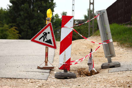 Road construction site with signsの写真素材