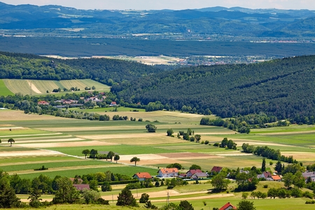 Aerial view of agricultural fieldsの写真素材