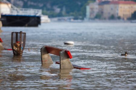 The river Danube flooding in Budapestの写真素材