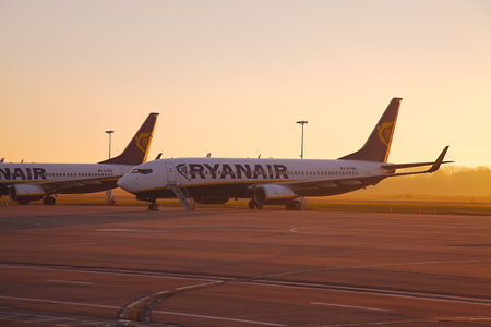 CHARLEROI, BELGIUM - FEBRUARY 2: Airliners of Ryanair parked at Brussels - Charleroi airport, Feb 2th 2014. Ryanair is the largest low-cost carrier in Europe.のeditorial素材