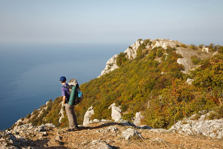 Woman hiking in the mountainsの写真素材