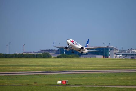 BUDAPEST, HUNGARY - MAY 02  Boeing 737 airliner taking off at Budapest Airport  LHBP , May 2th 2014  The new terminal building called Skycourt was completed in 2012 のeditorial素材