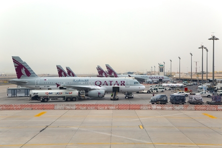 DOHA, QATAR - APRIL 4  Aircrafts of the Qatar airways fleet at Doha International Airport April 4th, 2014  Qatar Airways is rated as a 5-star airline のeditorial素材