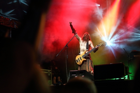 HODONIN, CZECH REPUBLIC - AUGUST 17: Finnish metal band Ensiferum playing at Made of Metal fesival, August 17th 2014. The first time this festival is being organizedのeditorial素材