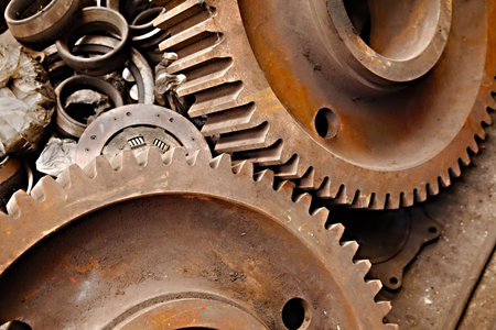 Old rusty gears of a steel machinery