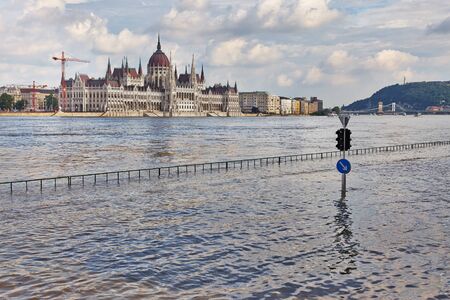 Flooded street n Budapest with traffic signの写真素材
