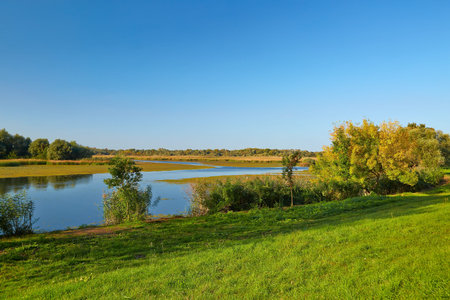 Lakeside landscape in autumn sunny weather