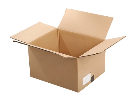 Open cardboard box isolated on whiteの写真素材