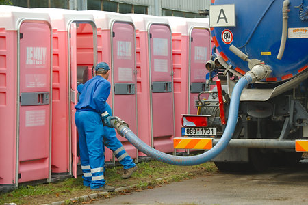 HODONIN, CZECH REPUBLIC - AUGUST 17: Cleaning of the mobile toilets at Made of Metal, August 17th 2014.のeditorial素材