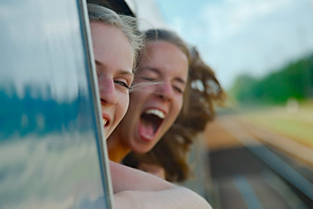 Two girls enjoying train travel